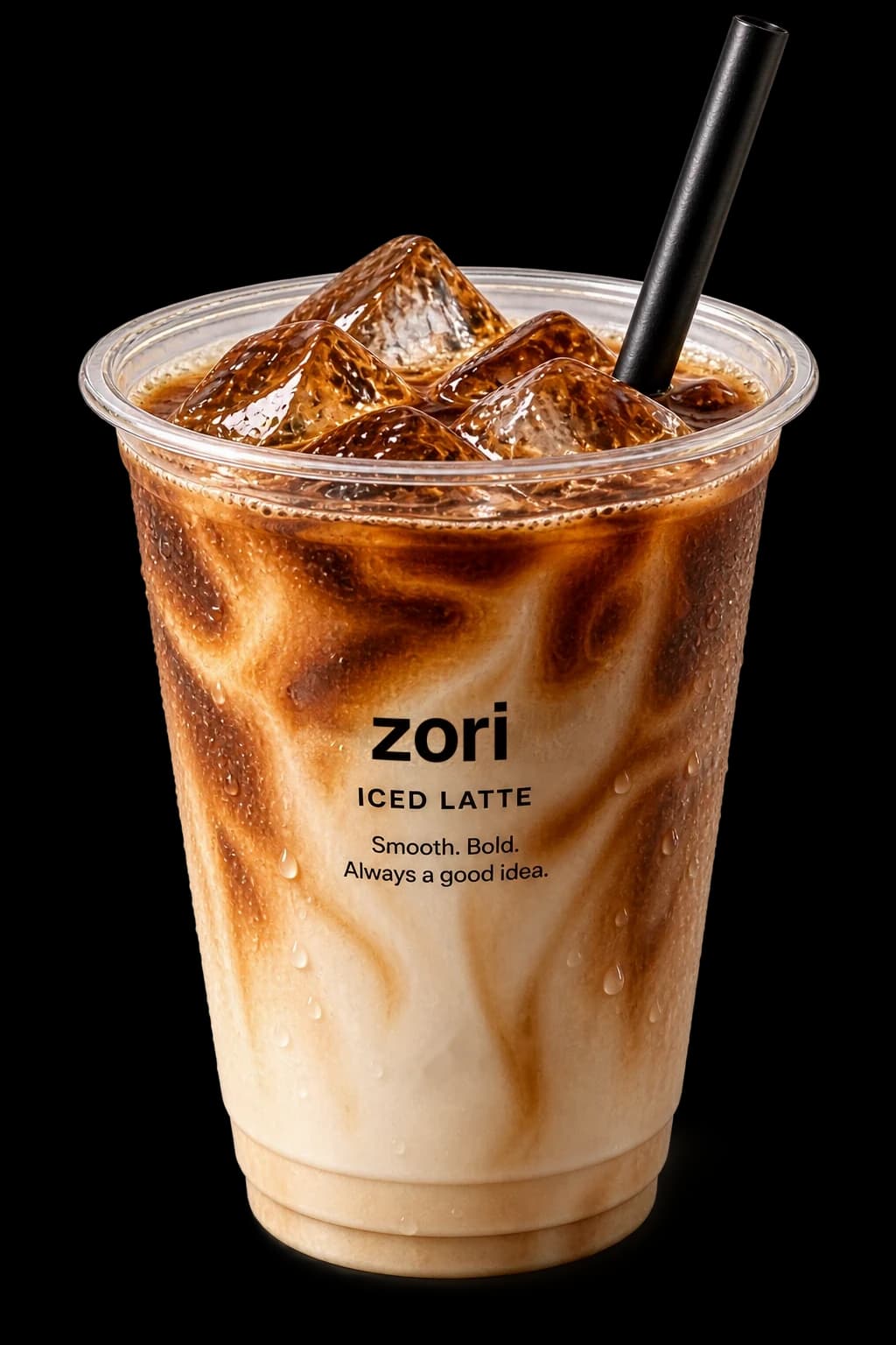 Un iced latte Zori într-un pahar transparent