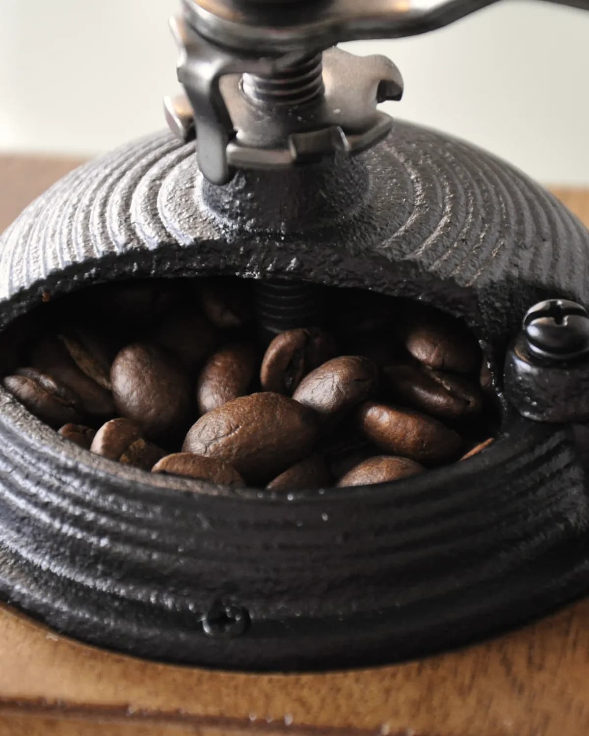Boabe de cafea prăjite în vasul unei râșnițe de fontă